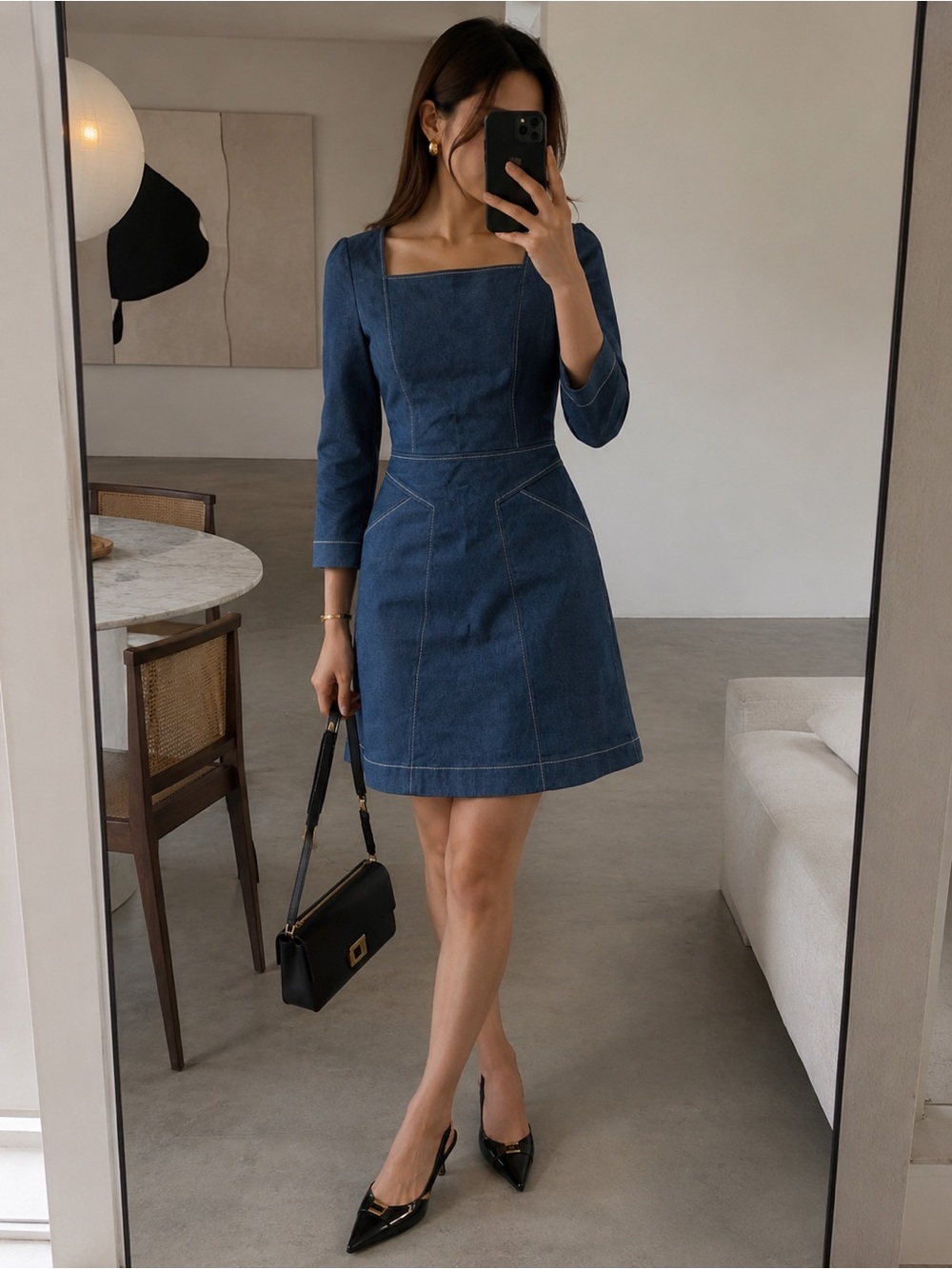 Piazza Sempione Minimalist Denim Midi Dress Contrast Stitch Blue IT 40